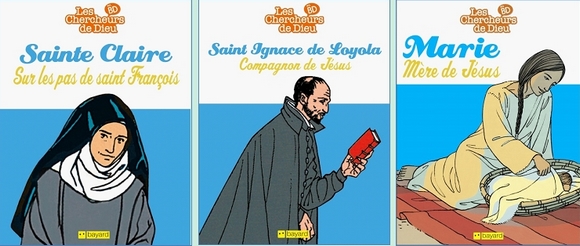 Les couvertures des BD sainte Claire, saint Ignace de Loyola et Marie