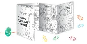 Dans Pomme d'Api Soleil d'avril-mai 2016, un grand coloriage de Pâques à déplier et afficher, créé par l’illustratrice Tante Menoue !