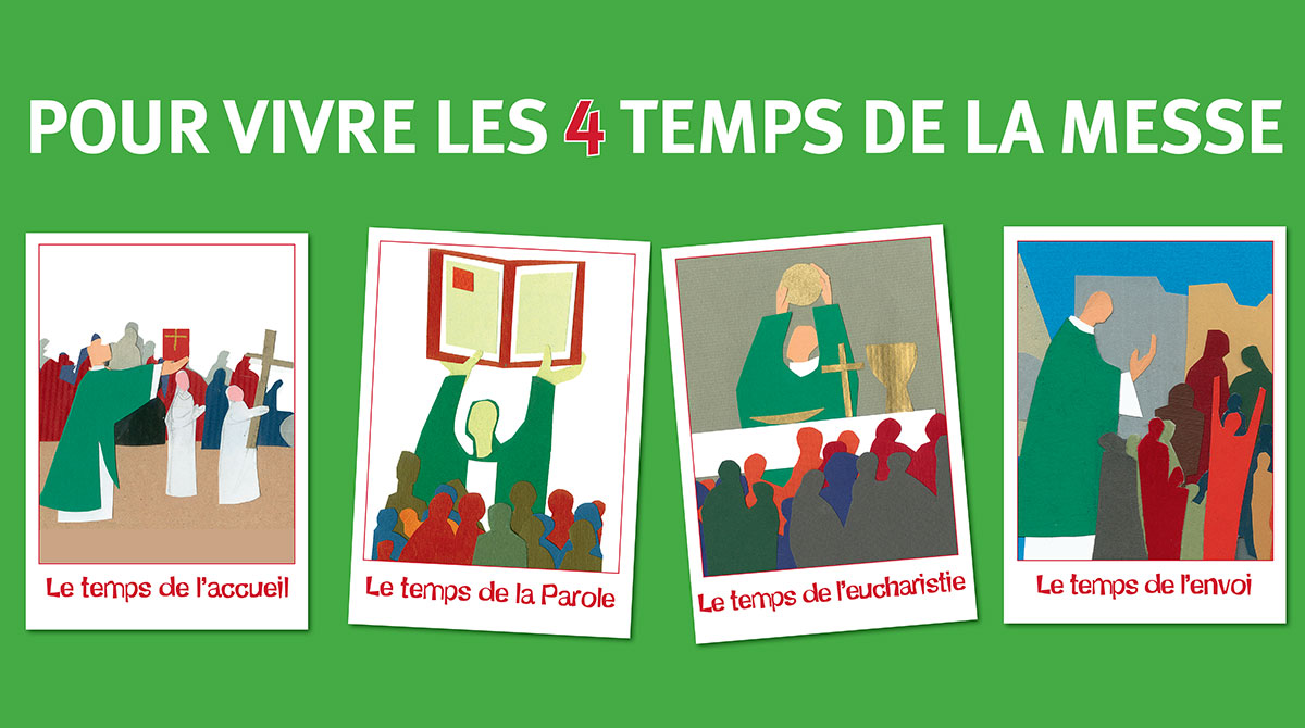 Le poster de Prions en Église Junior : les 4 temps de la messe