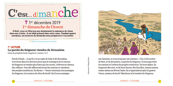 Double page de Prions en Eglise Junior, présentation des lectures des dimanches et fêtes religieuses