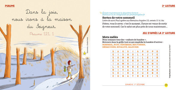 Double page de Prions en Eglise Junior, jeux bibliques et explications spirituelles