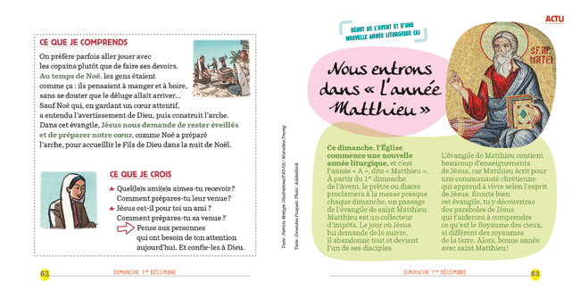 Double page de Prions en Eglise Junior, témoignage d’enfant sur sa vie de foi