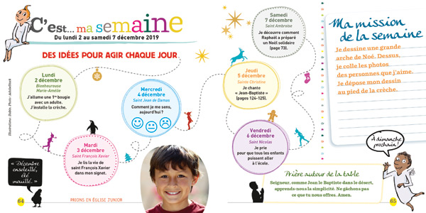 Double page de Prions en Eglise Junior, lectures des dimanches et fêtes de la semaine accompagnées d’explications et d’éclairages