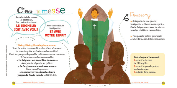 Double page de Prions en Eglise Junior, explication d’une prière de la messe